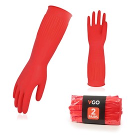 Vgo 2-Pairs Dishwashing Gloves - Reusable Household Kitchen Gloves, Long Sleeve, Thick Latex, Cleaning, Washing, Working, Painting, Gardening, Pet Care (Size M, Red, RB2143)