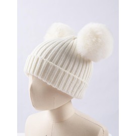 NATUST Kids Double Pom Beanie Girls Winter Knitted Hat with Double Removable Faux Fur Pom Poms White 2-12 Years