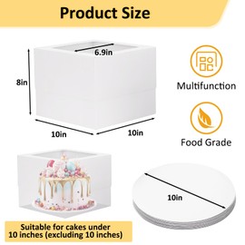 Moretoes 15 Sets Cake Boxes, 10x10x8 Inches Tall Bakery Boxes with Cake Boards, White Square Carrier with Window Cajas Pasteles for Cakes, Valentine's Day, Mother's Day