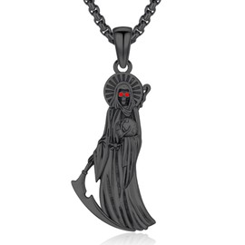 DRINSPER Santa Muerte Necklace 925 Sterling Silver Grim Reaper Pendant La Santa Muerte Skull Holy Death Amulet Protection Jewelry With Sickle for Men Women Holiday Gifts,Black