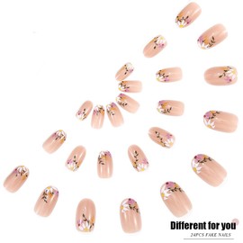 Funyrich French Tip Press on Nails Short Almond Fake Nail Flowers Glossy Full Cover False Nails for Women and Girls(24Pcs) (B)