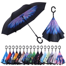 Wxjiahetai Inverted Reverse Umbrella with C-shaped Handle Windproof Upside Down Umbrellas for Rain Double Layer Hands Free Umbrella for Women and Men (Blue Flower)
