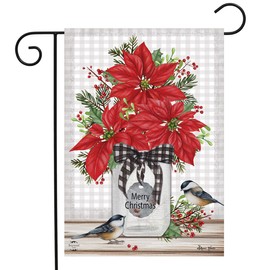 Briarwood Lane Poinsettia Jar Christmas Garden Flag Chickadees Checkered 12.5" x 18"