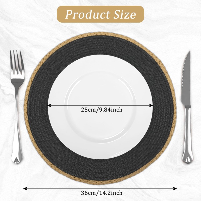 comfoyar Black Round Braided Placemats Set of 6, 14.2x14.2 Inch