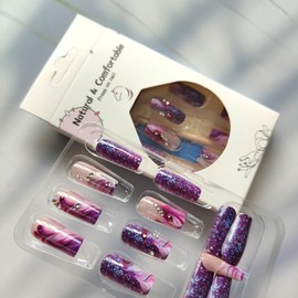 24Pcs Purple Press on Nails Medium Square Fake Nails with Rhinestone Designs Spring False Nails Purple Glitter Acrylic Nails Glossy Glue on Nails Full Cover Stick on Nails for Coquette Women
