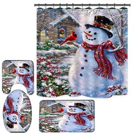 4 Piece Christmas Bathroom Decor with Shower Curtain Set, Xmas Cute Bath Accessory Decorations Sets Tub Curtains Toilet Seat Cover Non Slip Area Rugs Mats Hooks Snowman Santa Claus Elk Rug