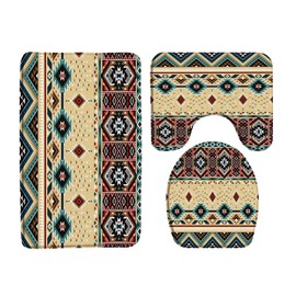 3 Pieces Bath Rugs Aztec Southwestern Native Tribal Navajo American Ethnic Abstract Triangular Geometric Vintage,Microfiber Memory Foam 18x30 Inch Bath Mat Sets or Bathroom Decor Turquoise