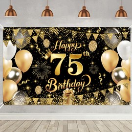 Yuanbigtai 75th Happy Birthday Banner,Happy 75th Birthday Decorations Backdrop,Birthday Party Decoration Black Gold Sign Poster for Backdrop Background for Men, and Women Birthday, 70.8 x 43.3 Inch