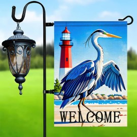 BlissYard Welcome Coastal Garden Flag Heron Seabird Coastal Beach Small Decorative Garden Flag Blue Heron Yard Bird Sea Lake Ocean Home Outside Decoration Small Flag Double Sided 12x18