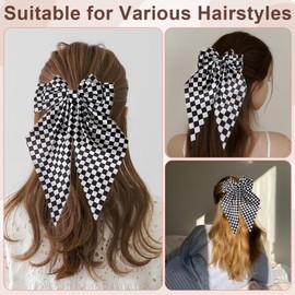 2Pcs Checkered Hair Bows for Women Teens Oversized Long Tail White Hair Bow Black Hair Ribbon Big Bows Clip Long Tail Bowknot Hair Accessories
