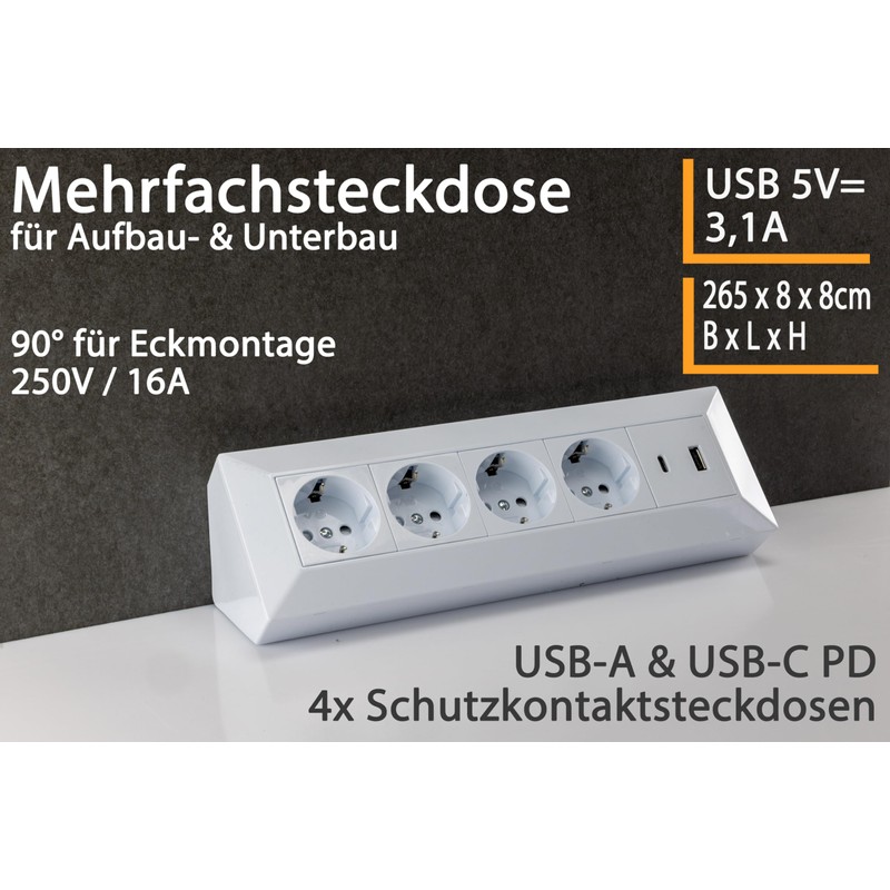 ChiliTec Steckdosenblock Ecksteckdose 4-Fach Mehrfachsteckdose mit USB-A USB-C PD für