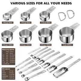 AMOHEE 20Pcs Measuring Cups and Spoons Set, Includes 7pcs Stainless Steel Measuring Cups, 12 Measuring Spoons with Leveler for Cooking & Baking, Dishwasher Safe