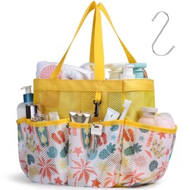 F-color Shower Caddy Portable - Mesh Shower Bag Basket Tote for College Dorm Room Essentials Bathroom Gym Camp Quick Dry for Women Men with S Hook, Yellow Beach