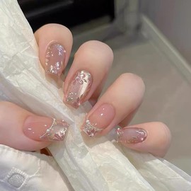 [GLORS] Medium Ballerina Press On Nails, Nude Pink with Rose Gold Foil and Pearl Accents, 10 Pieces (M,MB)