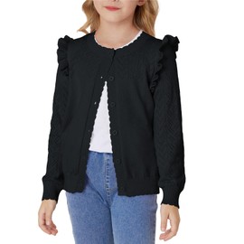 GRACE KARIN Girls Ruffles Cardigan Sweater Open Front Long Sleeve Knit Button Down Cardigan Black 7Y