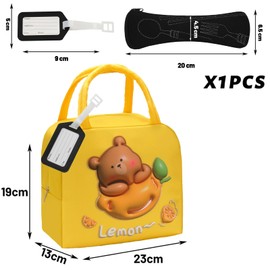 LAPOPNUT Kids Lunch Bag for Girls Boys Students,Reusable Cartoon Insulated Lunch Box,Easy Clean Waterproof Lunch Holder for Travel Picnic School,with Cutlery Bag and Name Tag,Yellow Lemon Bear