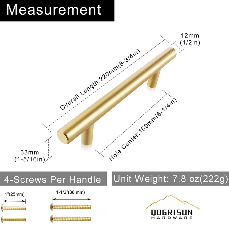 QOGRISUN 5-Pack Solid Brass Cabinet Pulls, Gold Euro Stvle T-Bar