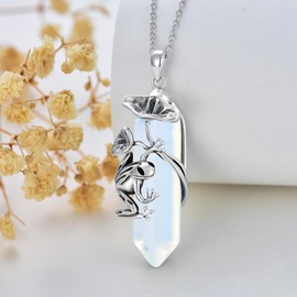 Plesitep Frog Necklace 925 Sterling Silver Reiki Healing Crystal Hexagonal Opal Quartz Frog Pendant Necklace for Women April Birthstone Jewelry