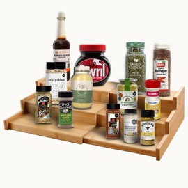 Organizador de especias expandible cocina，3 niveles de escalones para alacena extensibles,8.75 pulgada especiero，Alta dureza y fácil de limpiar，para Despensa, Encimera, Mostrador（Natural）