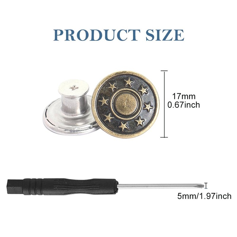 10Pcs Jeans Buttons with Threads Rivets and Screwdriver, 17mm Adjustable