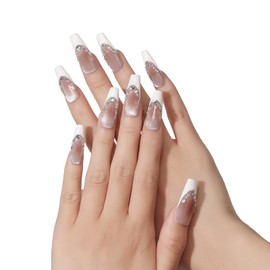 Allvounail Press on Nails 100% Handmade French Tip White Full Cover Acrylic Reusable False Nails for Women Medium Coffin 10 Pcs(Gem,S)