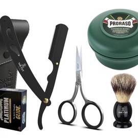 The Cut Shave Kit for Men - Barber Straight Edge Razor, Proraso Soap, Smooth Facial Comfort, 100% Stainless Steel, Razor Handle, Mustache Scissors - Color: B-Proraso