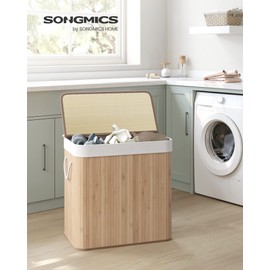 SONGMICS Laundry Hamper, 39.6 Gallons (150L), 3-Section Laundry Basket, Laundry Hamper with Lid, Bamboo, Foldable, Removable and Machine Washable Liner, for Laundry Room, Bedroom, Natural ULCB091N01
