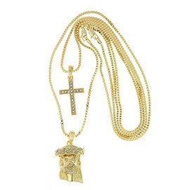 NYFASHION101 2 Piece Cross & Jesus Gold Tone Micro Pendant Set with 2mm Box Chains, Gold-Tone