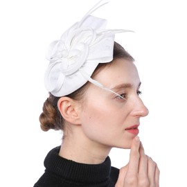 Biruil Women's Fascinator Hat Fake Sinamay Feather Tea Party Pillbox Flower Derby Church Hat(A White)