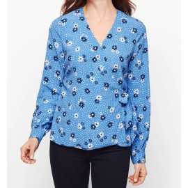 Talbots Womens Petite Large Poet Viscose Wrap Top Blouse Blue Floral Long Sleeve