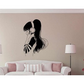 Heaven Decors Girl with Music Headphone Black Wall Sticker Size(59 87) cm
