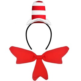Awyjcas Cat Ears Headband with Red and White Striped Hat, Red Bow Tie, Costume Accessories Set (red set1)