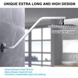 Square Shower Head Extension Arm with Flange 16.5 Inch Extra Long S Shaped Shower Head Riser Pipe, Uvish Stainless Steel High Rise Goose Neck Shower Extender, Standard 1/2" Connection, White
