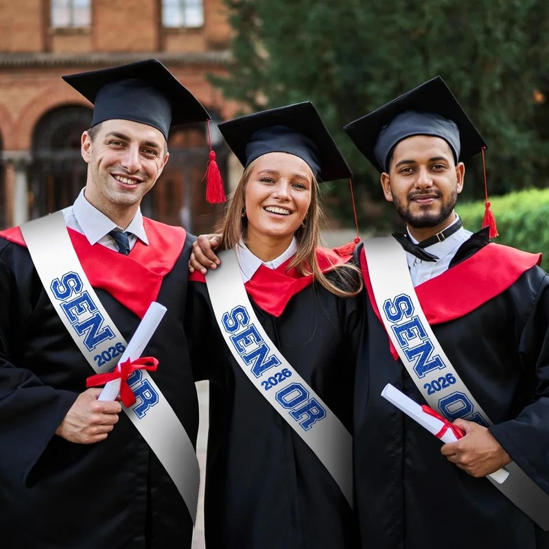 6PCS White Senior 2026 Sashes with Royal Blue Glitter Printing