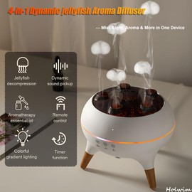 Holwim Holwim Essential Oil Jellyfish Diffuser, Aromatherapy Diffuser, 250ml Ultrasonic Cool Mist Humidifier, Music Sync Jelly Fish Diffuser with 7 Colors Light, Remote, Timer for Home Office (White)