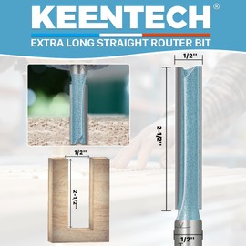 KEENTECH Carbide Tipped Extra Long Straight Router Bit, 1/2 Inch Shank Double Flute Router Bit with Heat Resistance Coating 1/2" Dia. Cutting Depth 2-1/2" for Grooving, Dadoing, Edge Profiling