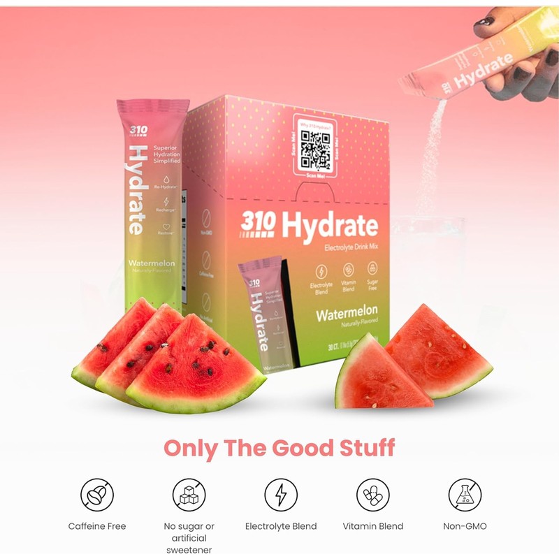 310 Hydrate Watermelon Electrolytes Powder Packets - No Sugar Hydration