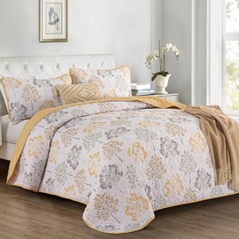 Dobuyly Quilt Queen Size Set, Yellow Botanical Bedspread Coverlet Set 3 Pieces, Soft Microfiber Plants Tree Pattern Bedding Set for All Season, 96"x90"