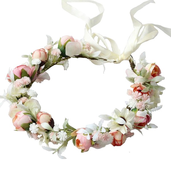 NZXVSE Handmade Adjustable Flower Wreath Headband, Wedding Hair Wreath Flower Headpiece for Women Girls Bride White Rose Bridal Crown Boho Style