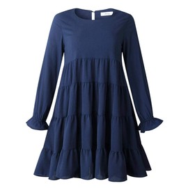 Joteisy Women’s Summer Long Sleeve Round Neck Loose Fit Casual Swing Short Mini Dresses (L, Long Sleeve, Navy Blue)