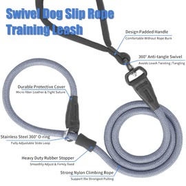 Slip Lead Dog Leash, Strong Slip Leash Dog Training Leash [360° Swivel Anti-Tangle] 4FT / 6FT Durable Nylon No Pull Walking Leash Dog Rope Lead for Small Medium Large Puppy Dogs 4ft Grey