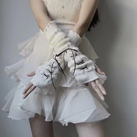 Y2K Arm Warmers for Women Teens Japanese Harajuke Lolita Cute Knitted Fingerless Gloves Thumb Hole Gloves (Black)