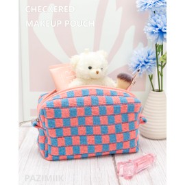 PAZIMIIK Checkered Makeup Bag for Purse Portable Zipper Make Up Pouch Small Cosmetic Case for Travel Red Blue