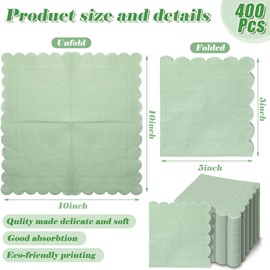 Kisston 400 servilletas de cóctel festoneadas, servilletas de papel desechables, servilletas de bebidas a granel para bodas, baby shower, cenas, cumpleaños, postres, decoraciones de fiesta, 5 x 5 pulgadas (verde salvia, sólido)