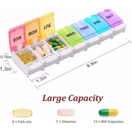 Pill Boxes Portable Weekly Pill Box 7 Day Pill Case Organiser BPA Free Easy to Open Travel Tablet Boxes with Large Compartments for Travel Work Pills/Fish Oil/Vitamin/Supplements - Rainbow