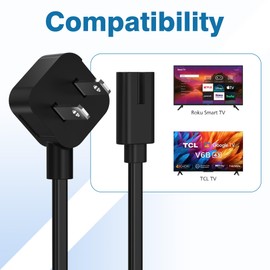 AGVEE 6.6ft TV Power Cord Replacement for TCL Roku Insignia Smart LED LCD HD TV, 90 Degree ETL Listed 18AWG 2-Prong AC Power Cable, Black