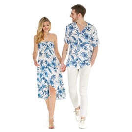 Couple Matching Hawaiian Luau Party Outfit Set Shirt Dress in Day Dream Bloom Men L Women M