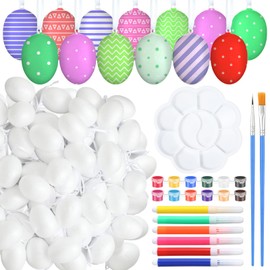 Gerrii 50 Pcs White Foam Easter Egg Ornament Bulk Paintable Decorations with 6 Markers, 12 Paints, 2 Brushes, 1 Palette Hanging Easter Egg with String for DIY Craft Basket Fillers Party Favors