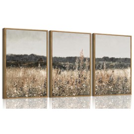 Wodkwq 3 Piece Vintage Landscape Canvas Wall Art|Framed，Above Bed Wall Art，Farmhouse decor，Neutral Minimalist Wall Painting，Wildflower Art Prints For Living Room，Bedroom，Office 12x16in