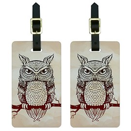 Owl on Branch Rustic - Bird Luggage Tags Suitcase Carry-On ID Set of 2